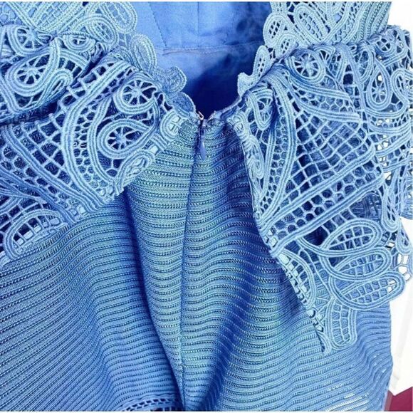 Self-Portrait Lace Peplum Mini Dress Blue Plunging Neck Strappy Back Women’s - 4 - Picture 8 of 12